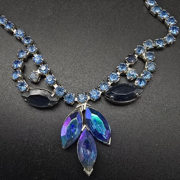 Blue Rhinestone Necklace Aurora Borealis Vintage Glam Jewelry - Picture 4 of 9